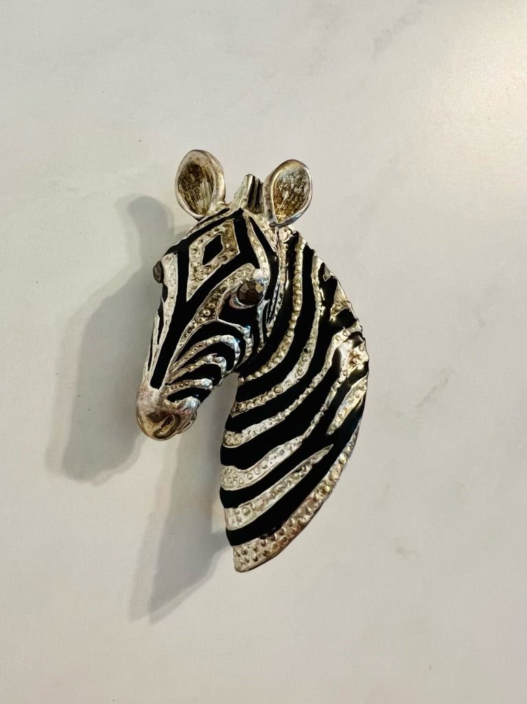 Vintage zebra head brooch pin with silver and black enamel