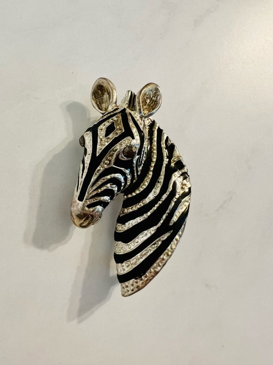 Vintage zebra head brooch pin with silver and black enamel