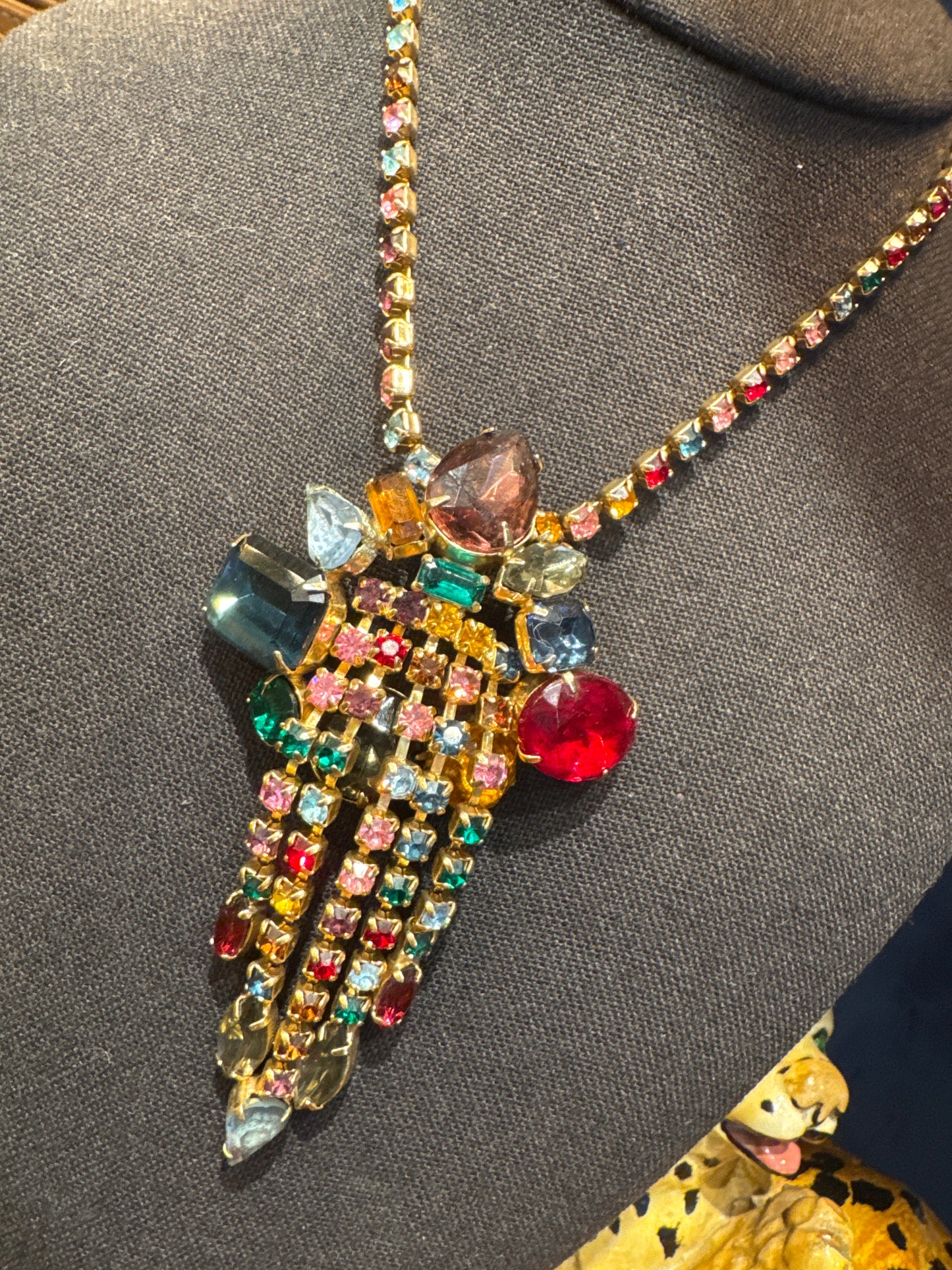 Wow Factor! 1950s rainbow colored rhinestone Juliana waterfall necklace