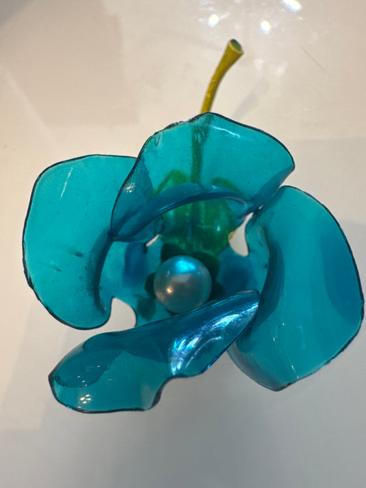 1960s teal flower brooch with pearl center and green stem
