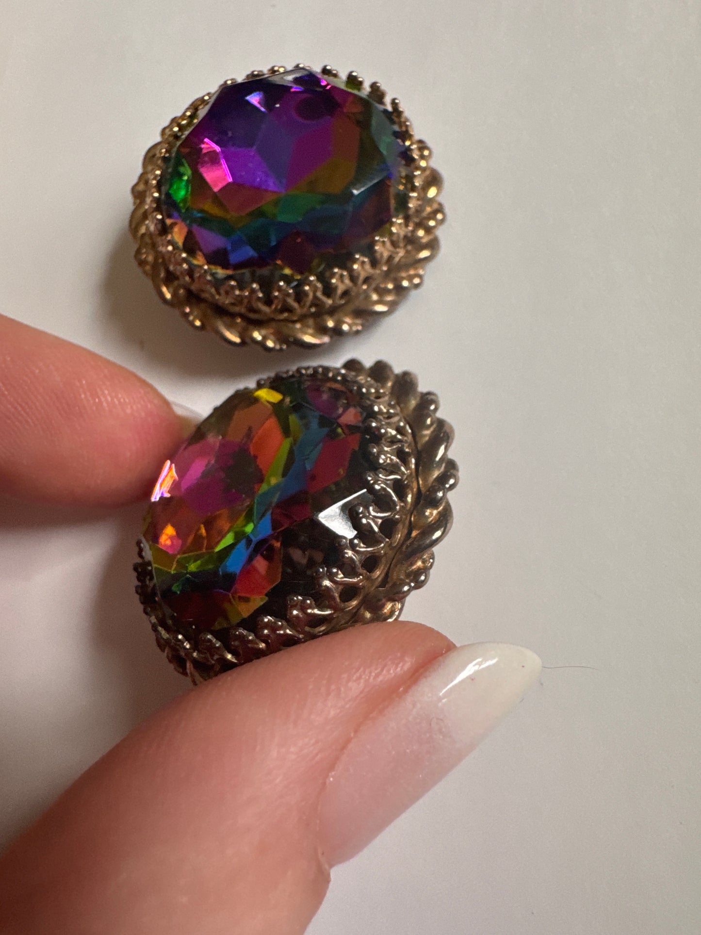 Stunning 1940s signed SCHIAPARELLI jumbo watermelon Stone earrings with outer goldtone wreath