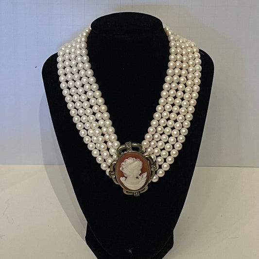 Vintage Multi Strand Faux Pearl & Cameo Necklace