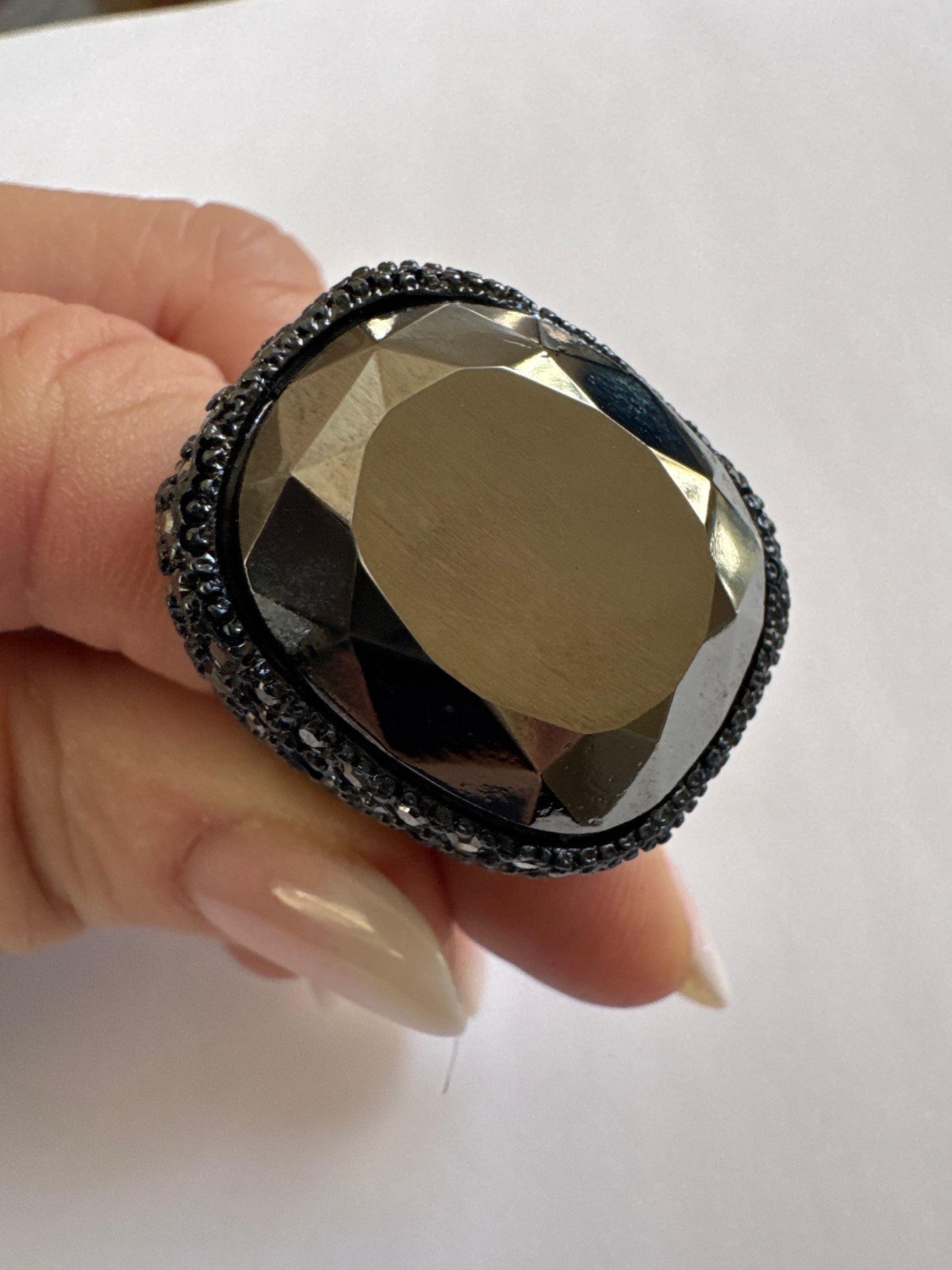 1990s signed Kenneth J Lane gun metal cocktail ring. Black on black with black rhinestones.