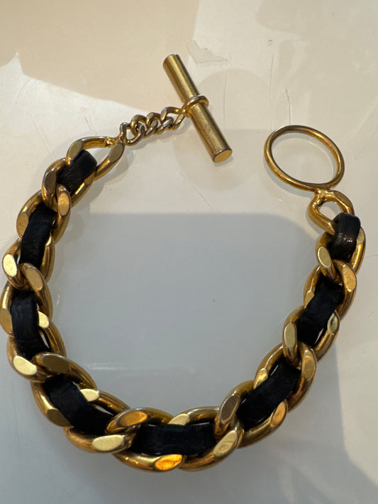 1990s signed Chanel vintage, leather and gold tone chain bracelet