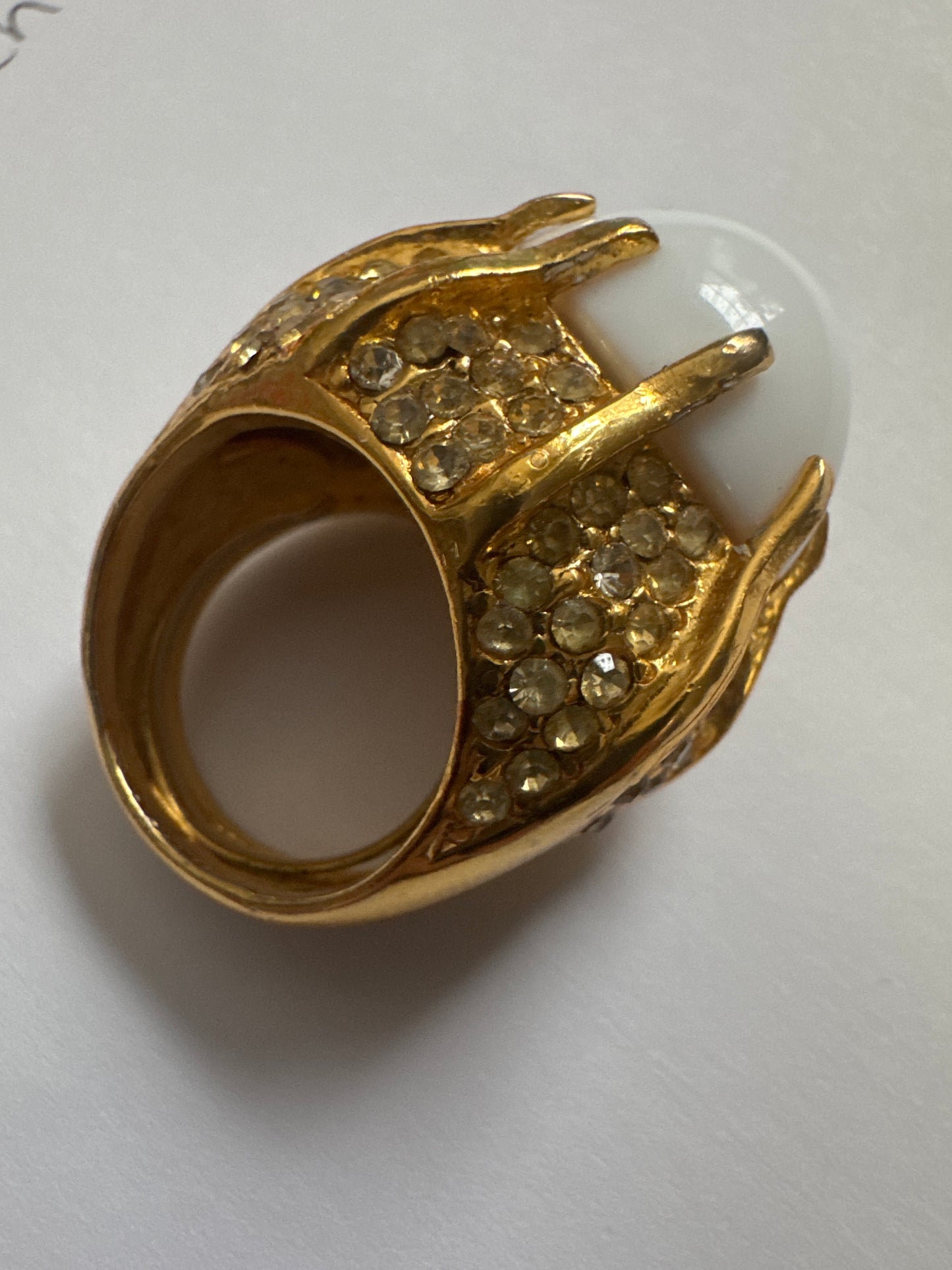 1980s signed Kenneth Lane cocktail ring with white cabochon and rhinestones