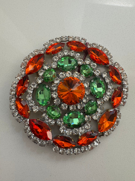 Vintage jumbo rhinestone brooch with orange, green and clear rhinestones