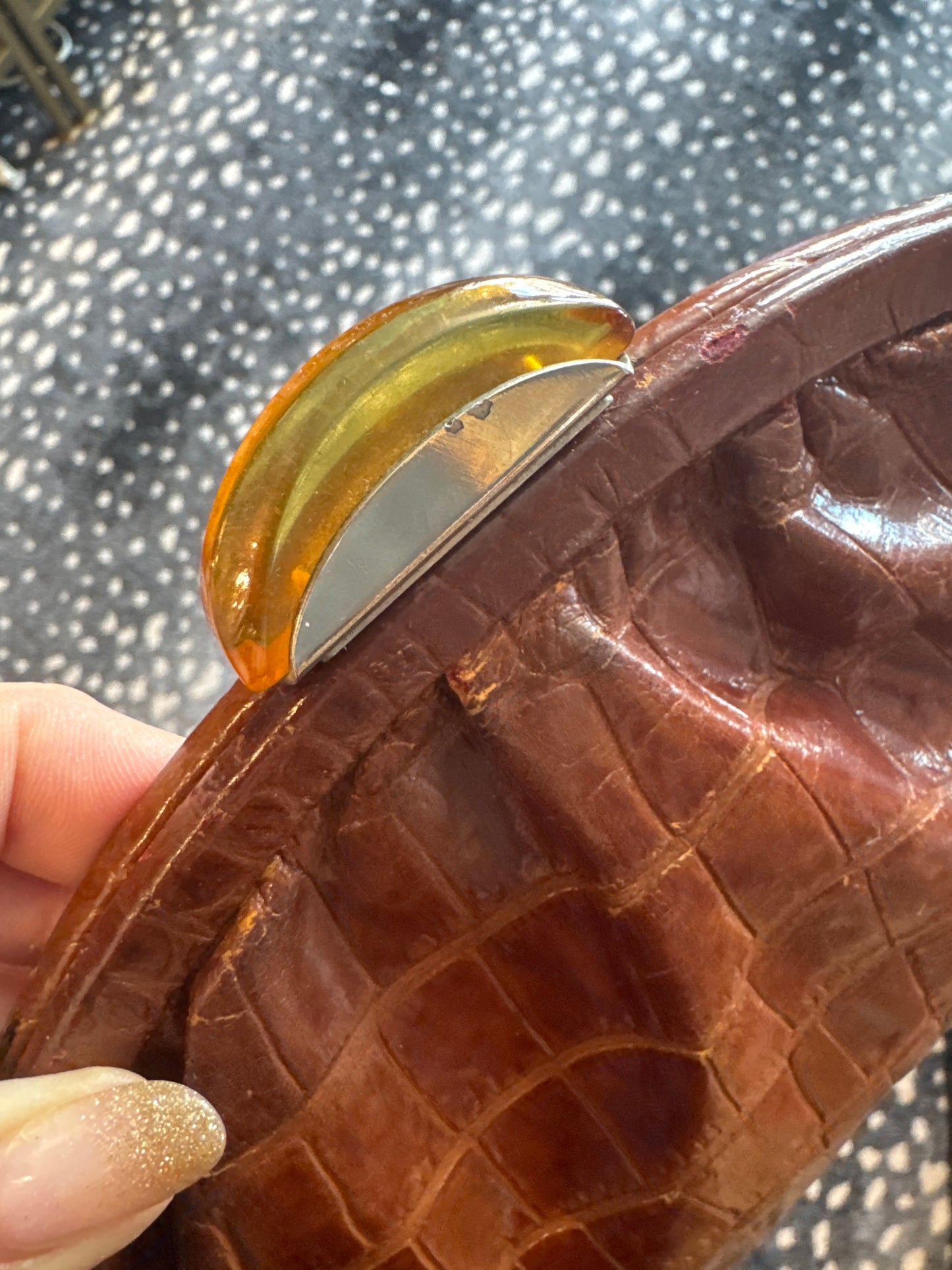 Stunning 1940s brown alligator extra long clutch with lucite clasp