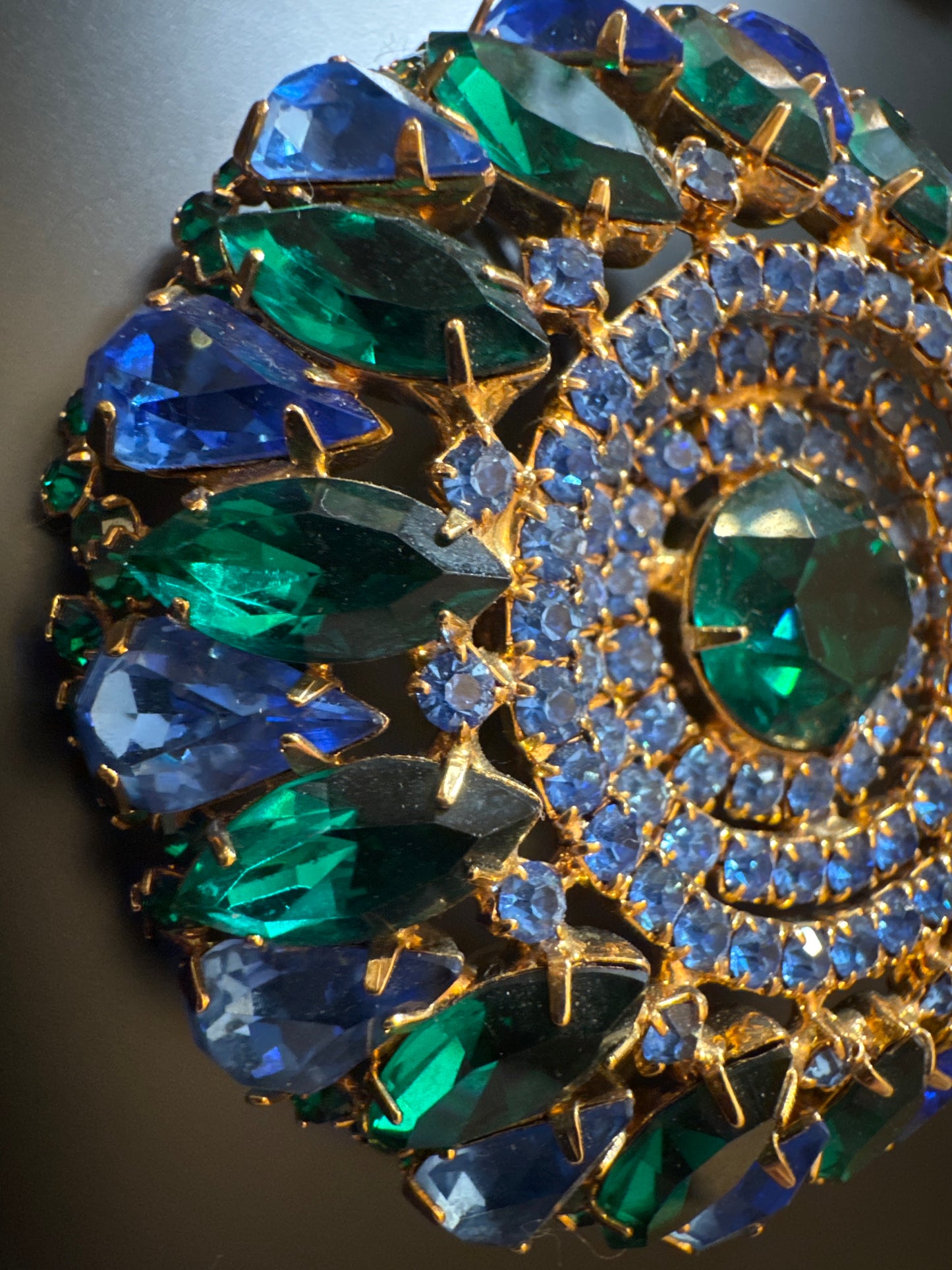 1940s large signed Hattie Carnagie blue and green rhinestone brooch