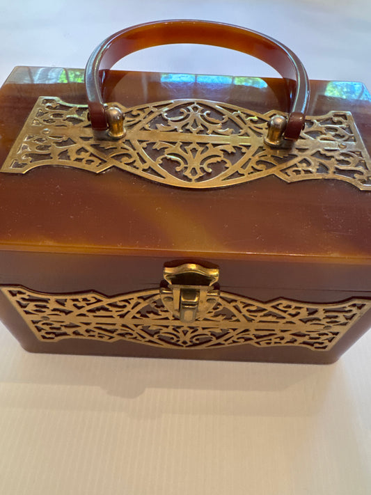 absolutely stunning lucite 1940s box bag with brass design. Buy WIZARDY In beautiful condition. TOM
