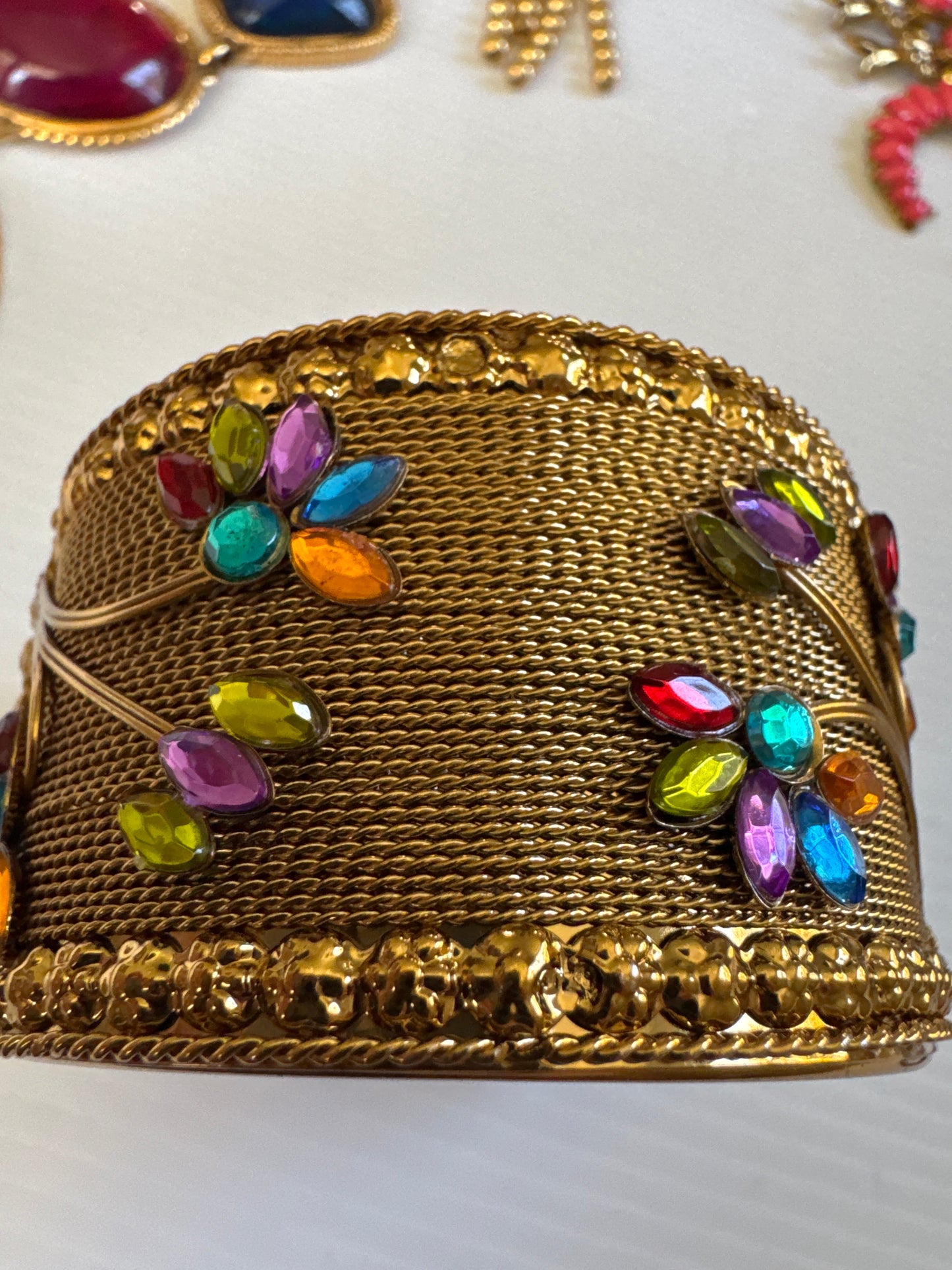 90s goldtone mesh cuff with colored stones