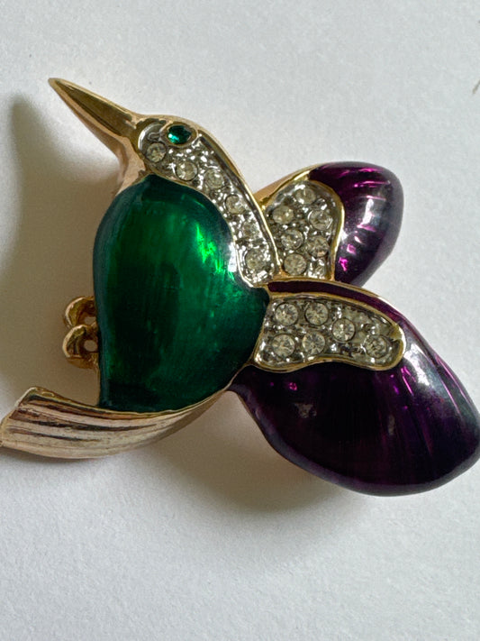 1980s hummingbird green and purple enamel brooch with rhinestones