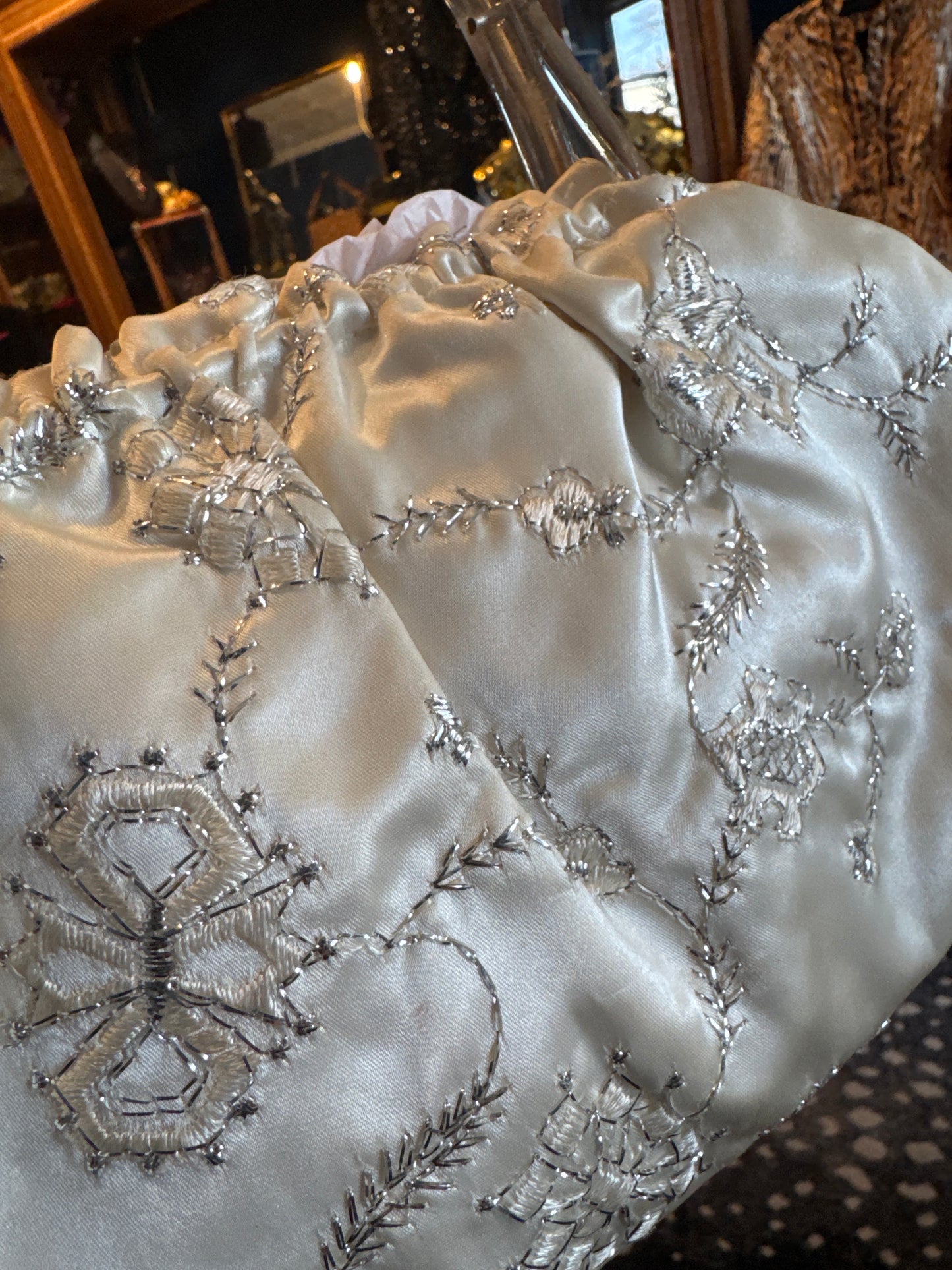 1950s stunning white satin bag with silver embroidery and lucite  top handle