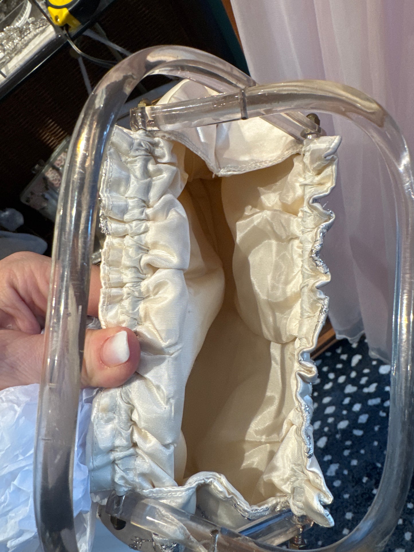 1960s ivory satin bag with silver embroidery and lucite handle