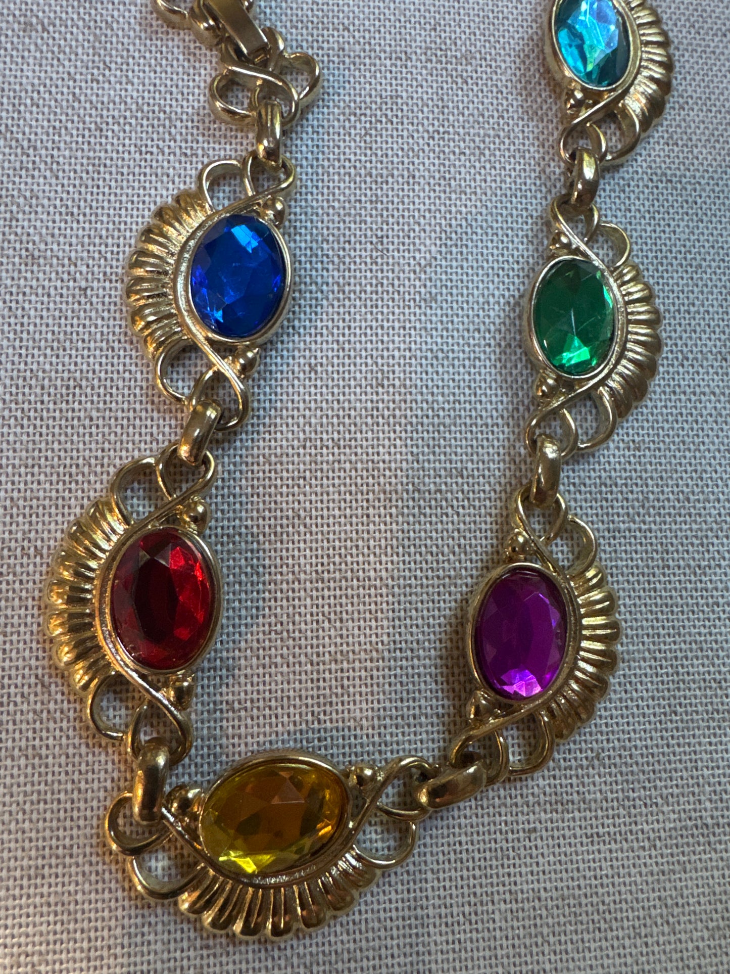 Beautiful 1970s gold tone and rainbow cabochon necklace