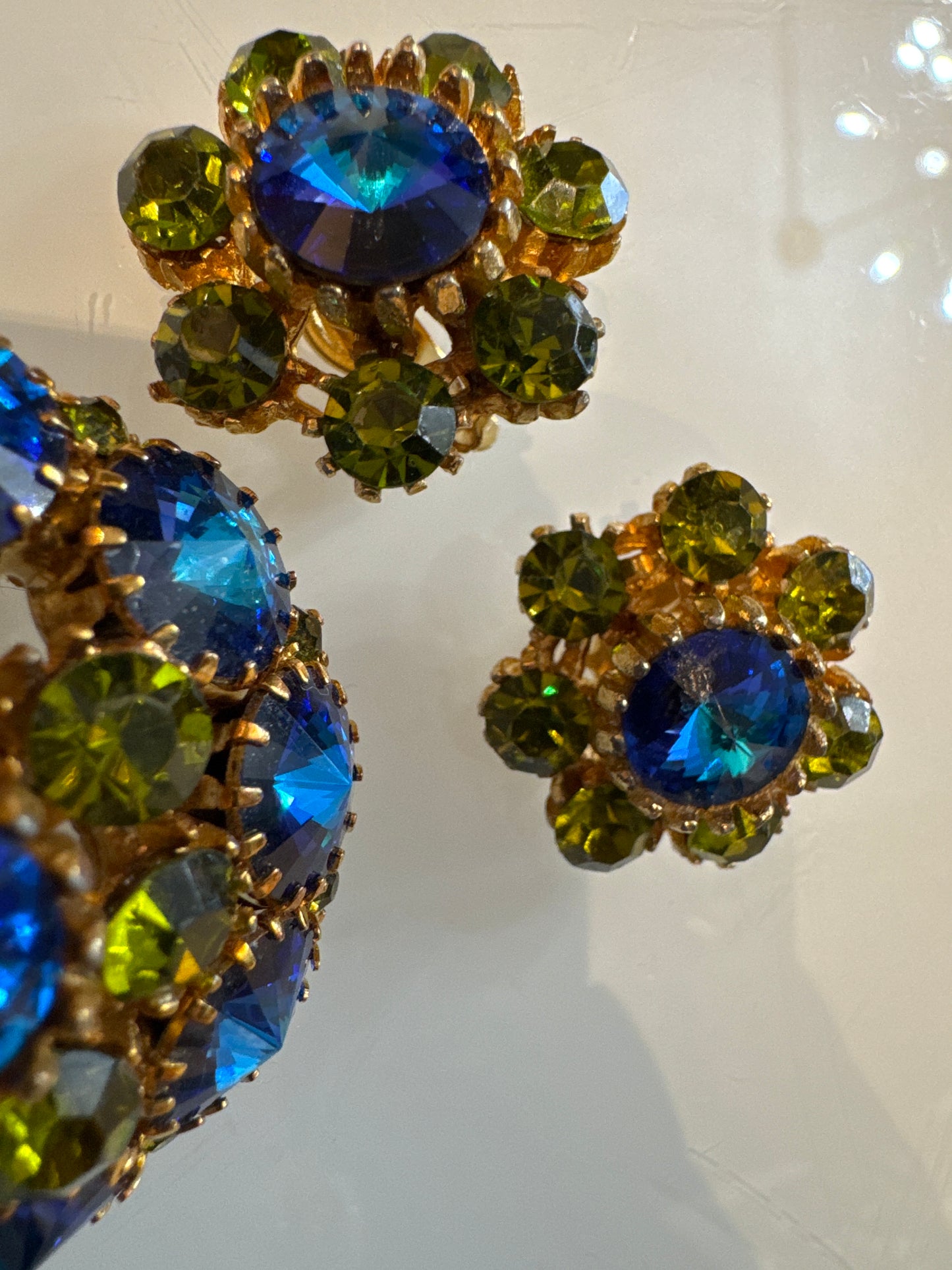 Absolutely gorgeous watermelon stone brooch, and earring set. Blue watermelon, rhinestones and olivine colored stones. NYC