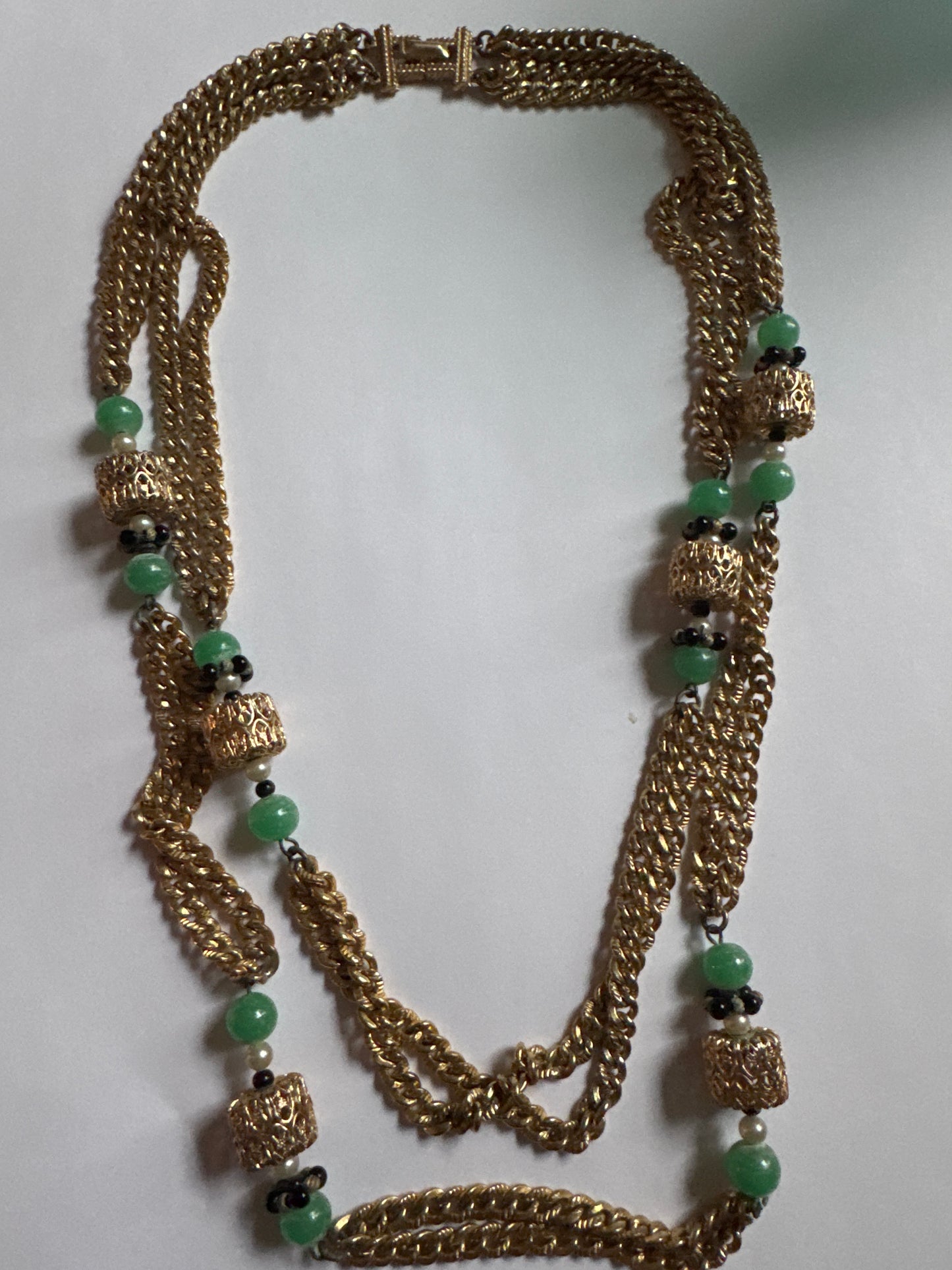 Marvella Signed Vintage 2 Strand Gold Tone
Metal Green Beaded Necklace