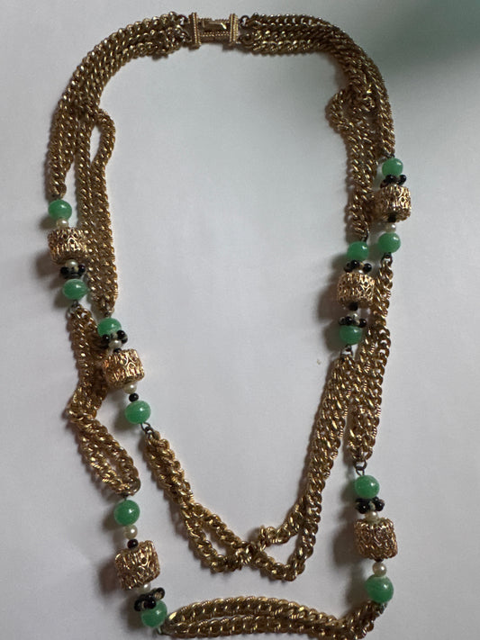 Marvella Signed Vintage 2 Strand Gold Tone
Metal Green Beaded Necklace