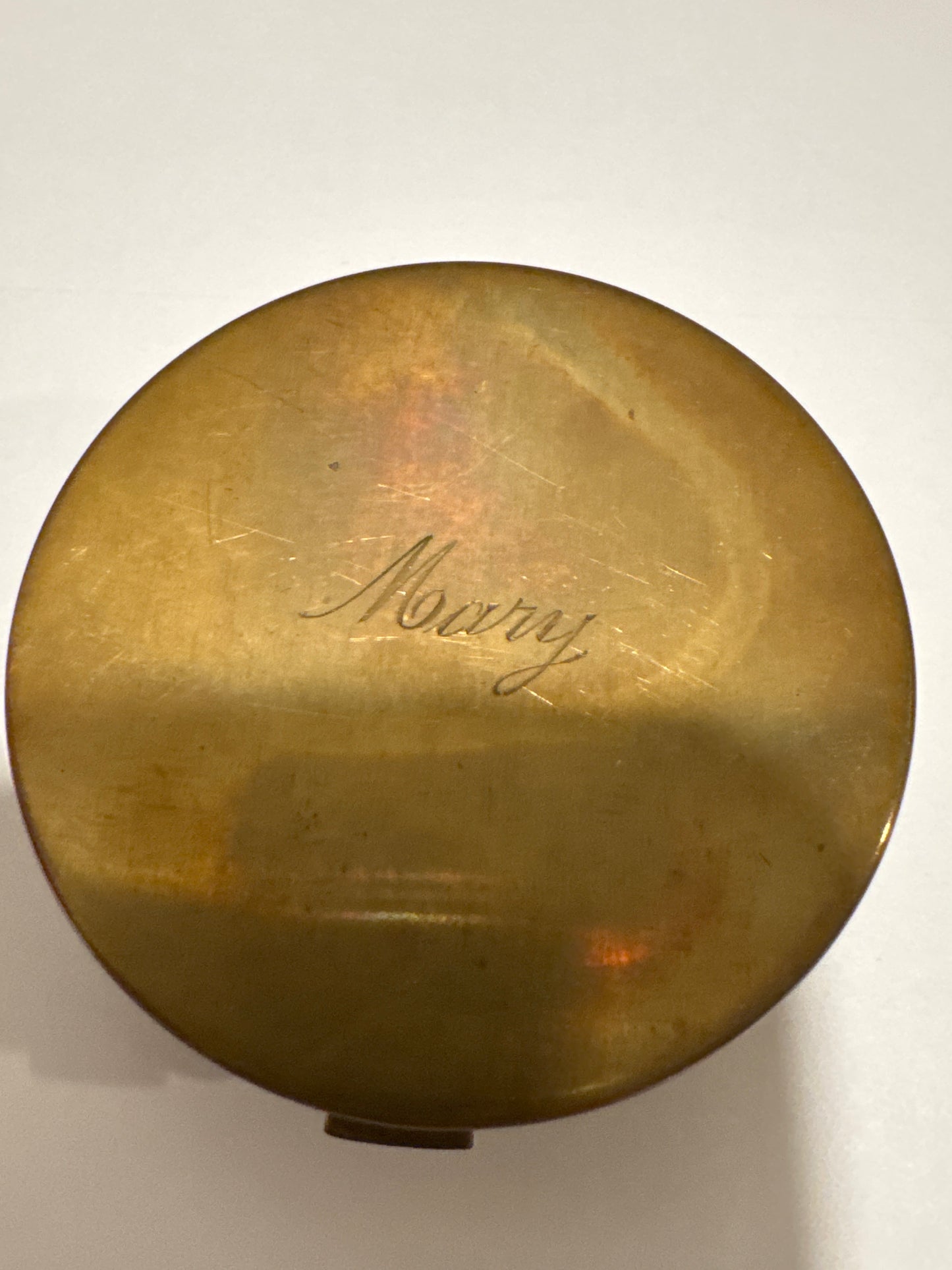 RARE 1940s built in Swiss made watch (watch does not work )powder makeup compact. Monogrammed with the name Mary on the back. Road