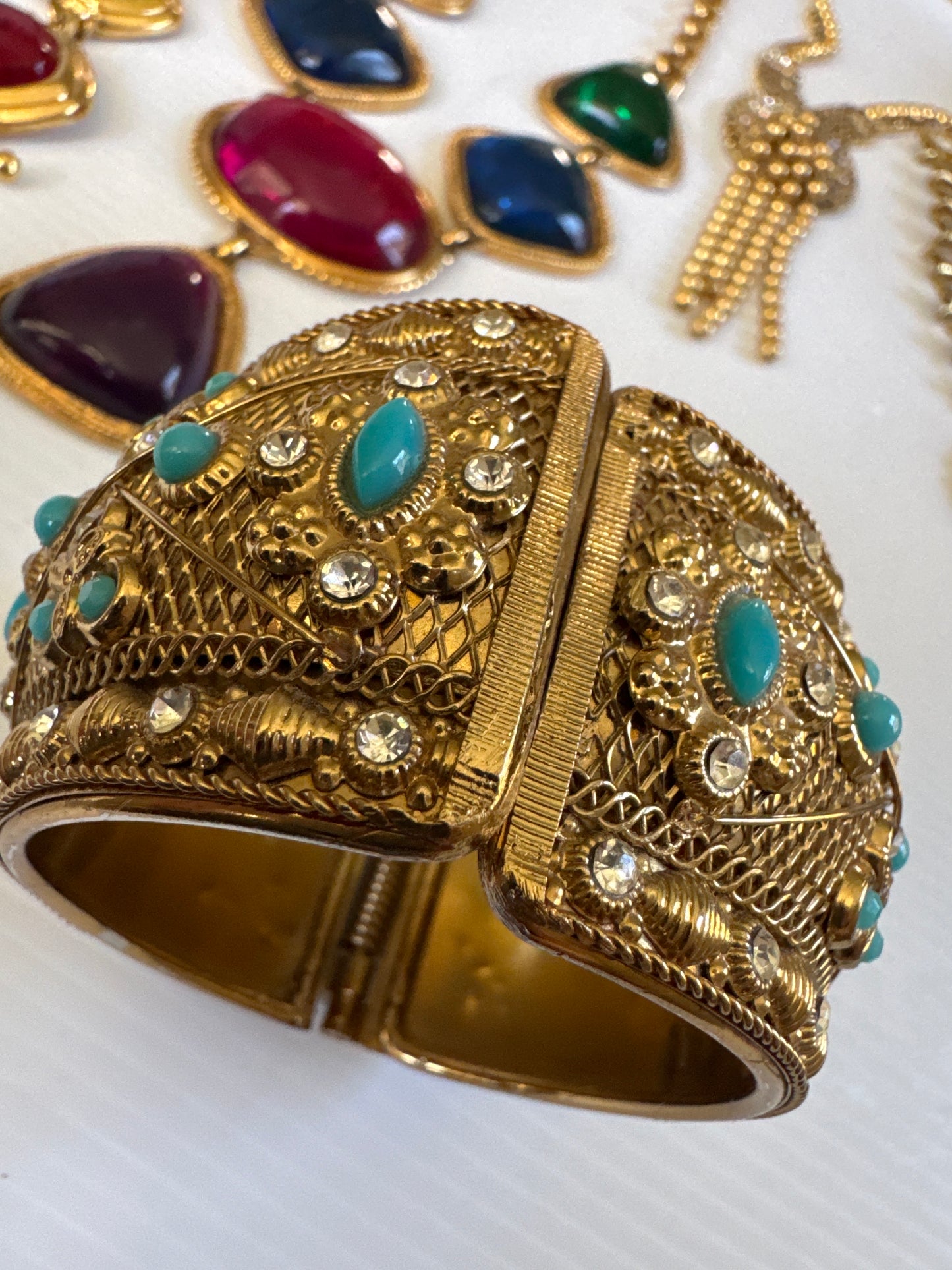 90's gold tone cuff with faux turquoise and rhinestones