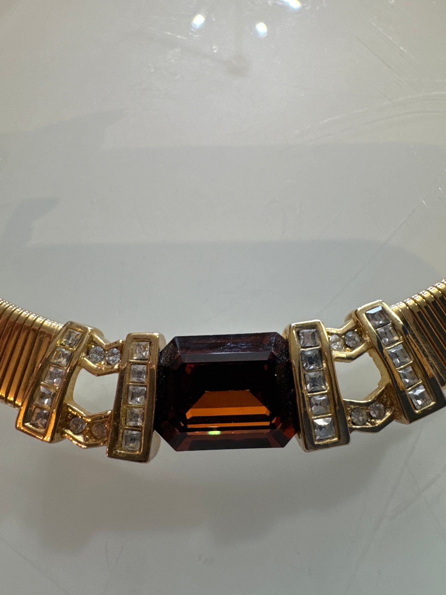 Vintage 1987 Christian Dior signed snake chain with amber and rhinestone necklace