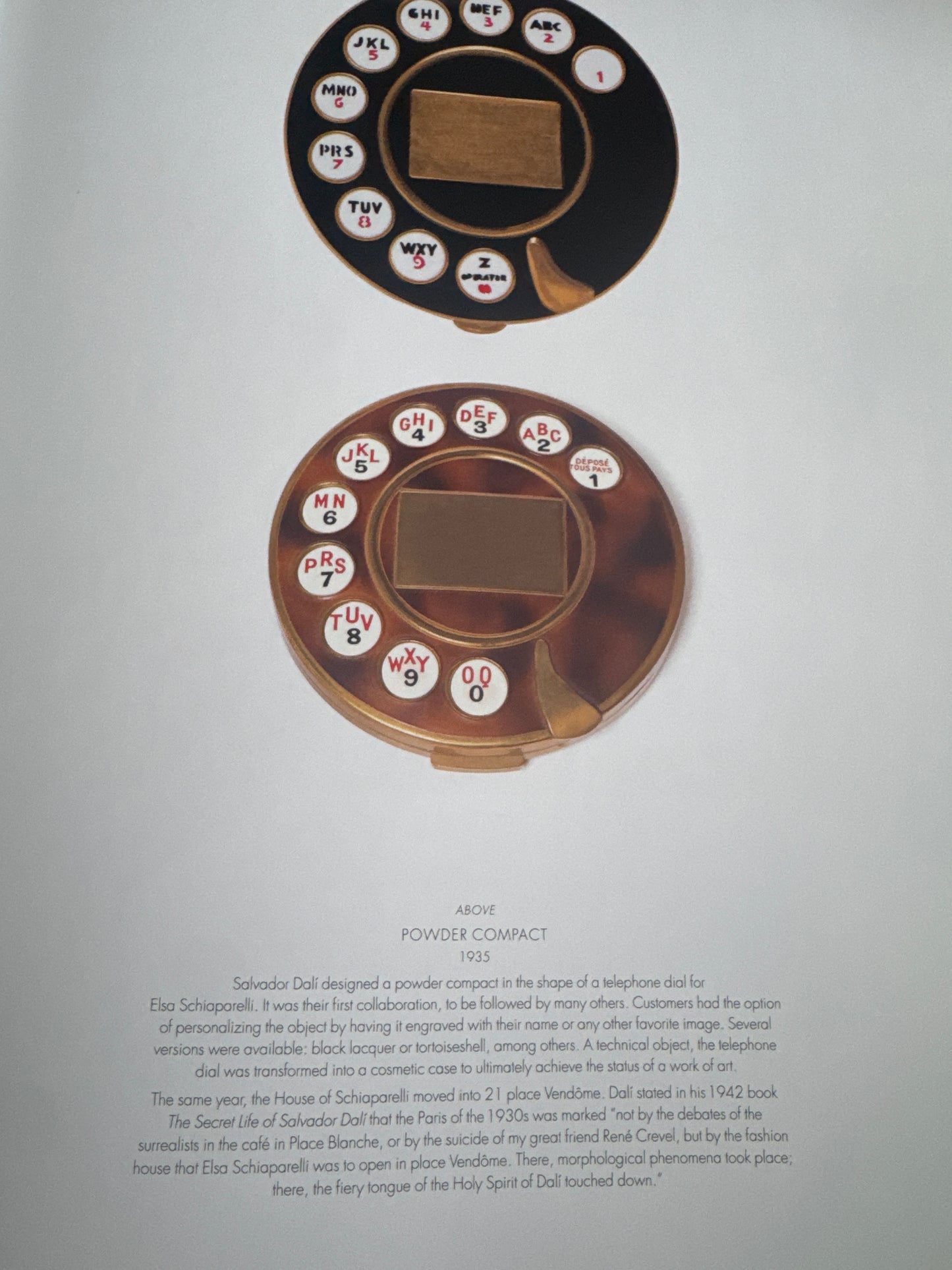 1935 Schiaparelli/Salvador Dali collab oversized powder makeup compact. Customers had the option of having the piece engraved. Featured in the book Schiaparelli and the Artists pg 65. Produced in very limited quantities and are unsigned.
