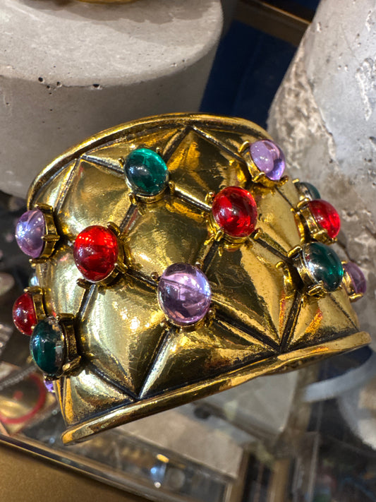 1980s vintage heavy gold metal cabochon cuff