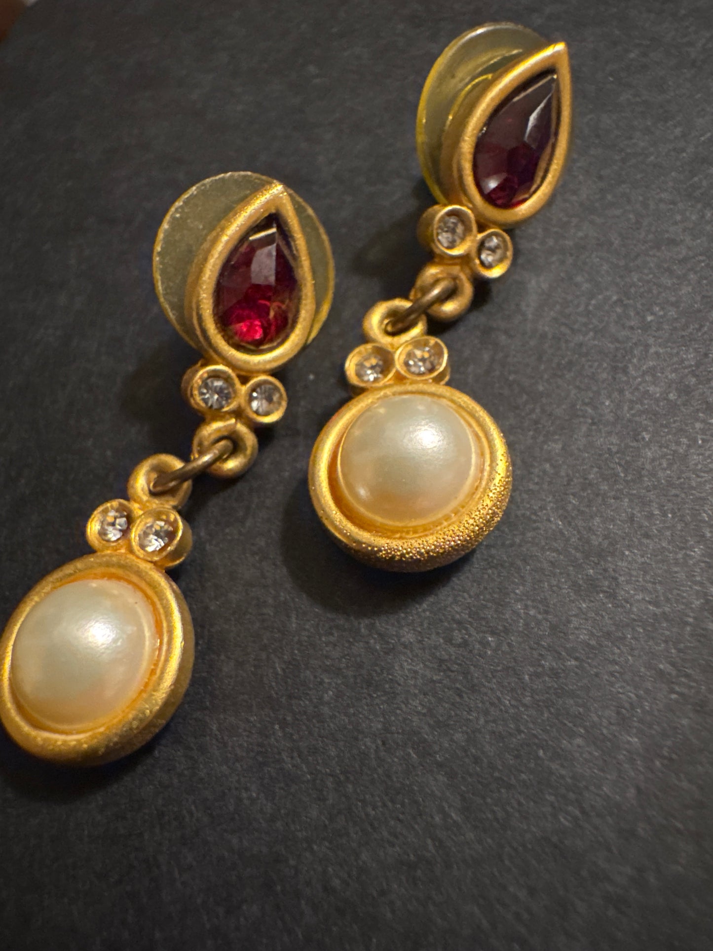 1990s Patti Horn pierced earrings with faux Ruby and Pearl stones