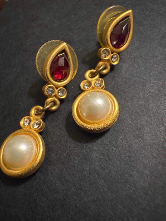 1990s Patti Horn pierced earrings with faux Ruby and Pearl stones