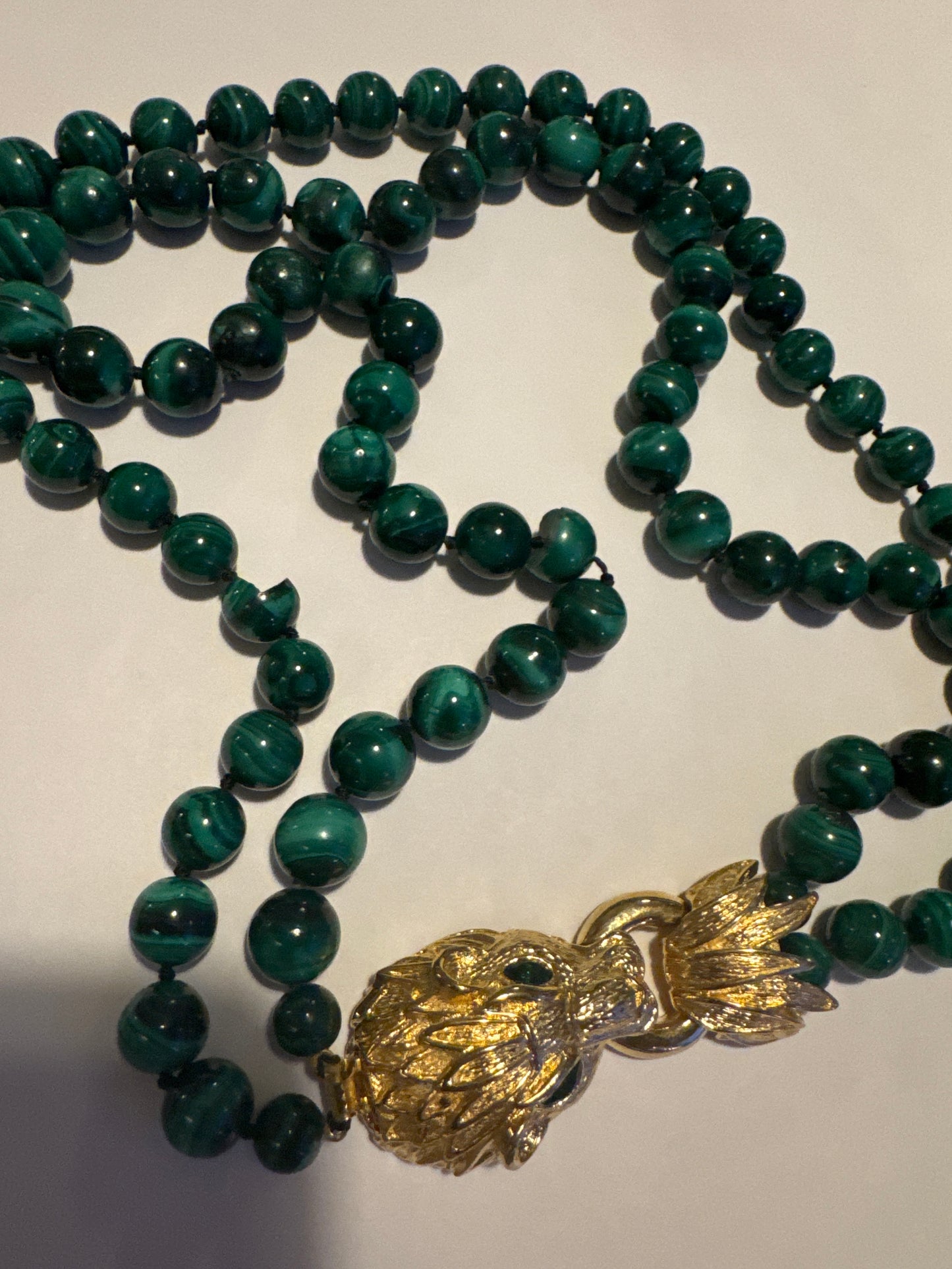 Beautiful RARE signed 1960s LES BERNARD Malachite double strand lion head necklace. See photos as two beads are cracked. Price reflects the imperfection. Road