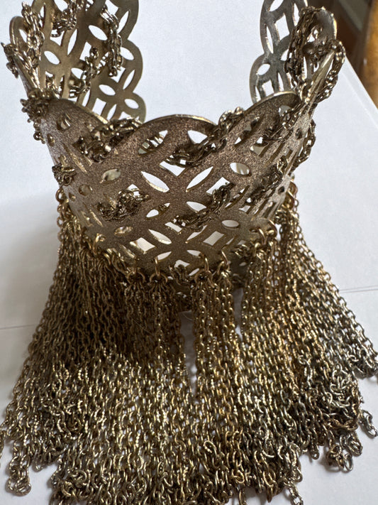 WOW! fabulous 1960s gold tone fringe tassel filigree with chain statement cuff bracelet.