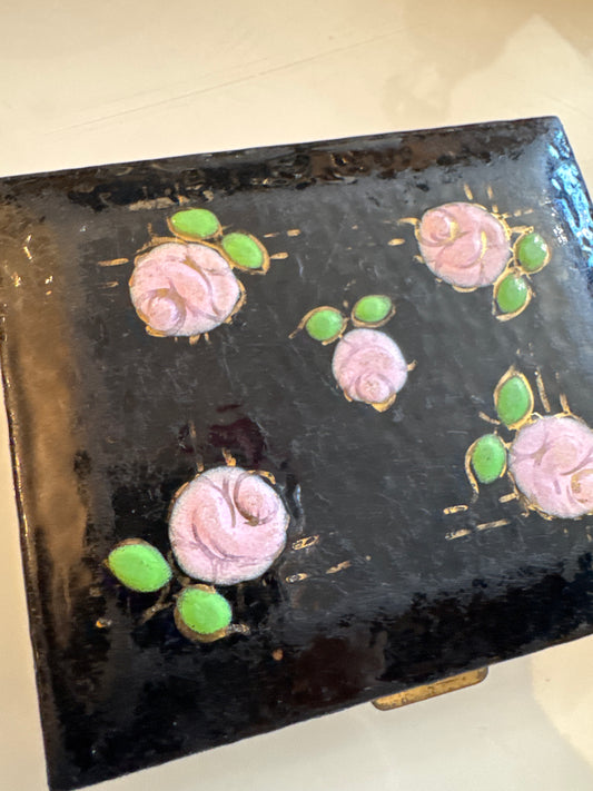 vintage enamel, black powder makeup compact with pink rosette's