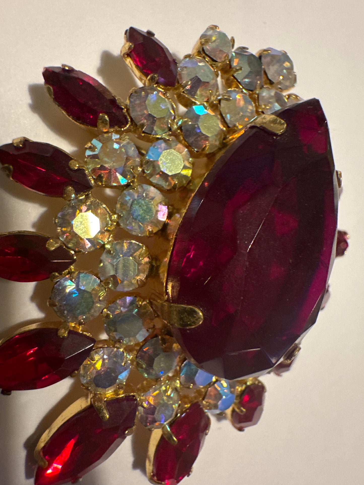 1950s jumbo stunning prong set brooch featuring red navettes and aurora borealis. East Centerstone is absolutely beautiful. Road