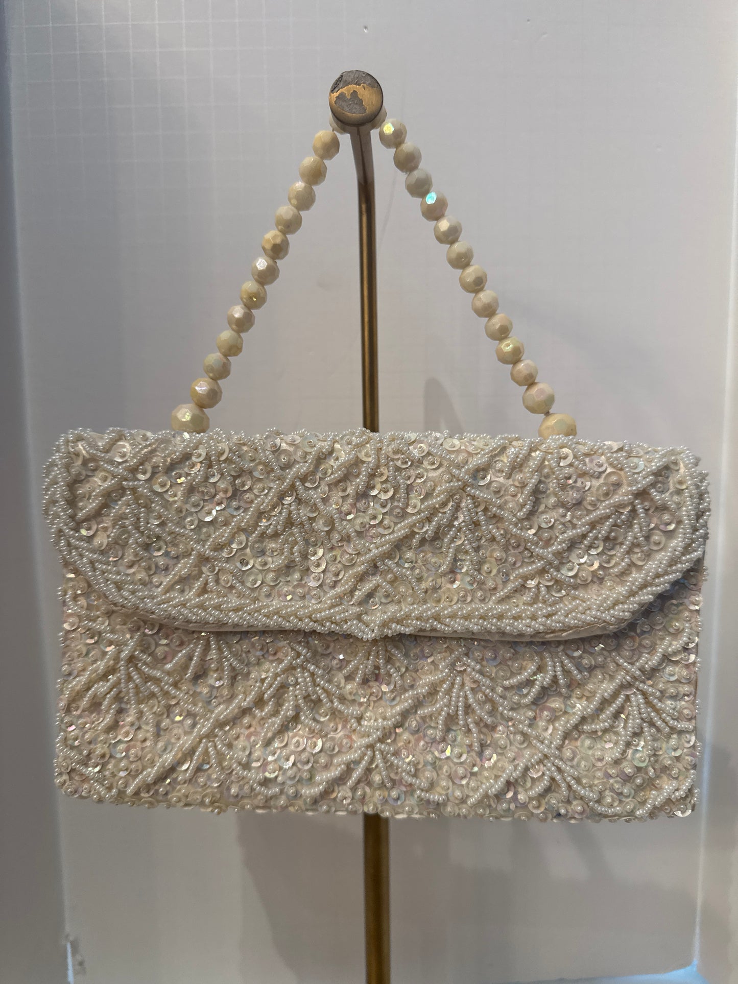 1950s white beaded double sided bag with pearl beaded handle