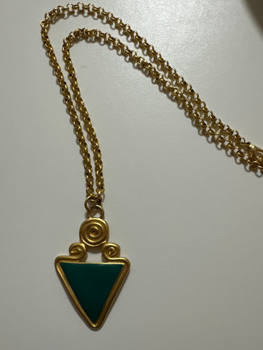 1980s gold tone pendant necklace with green enamel pendant