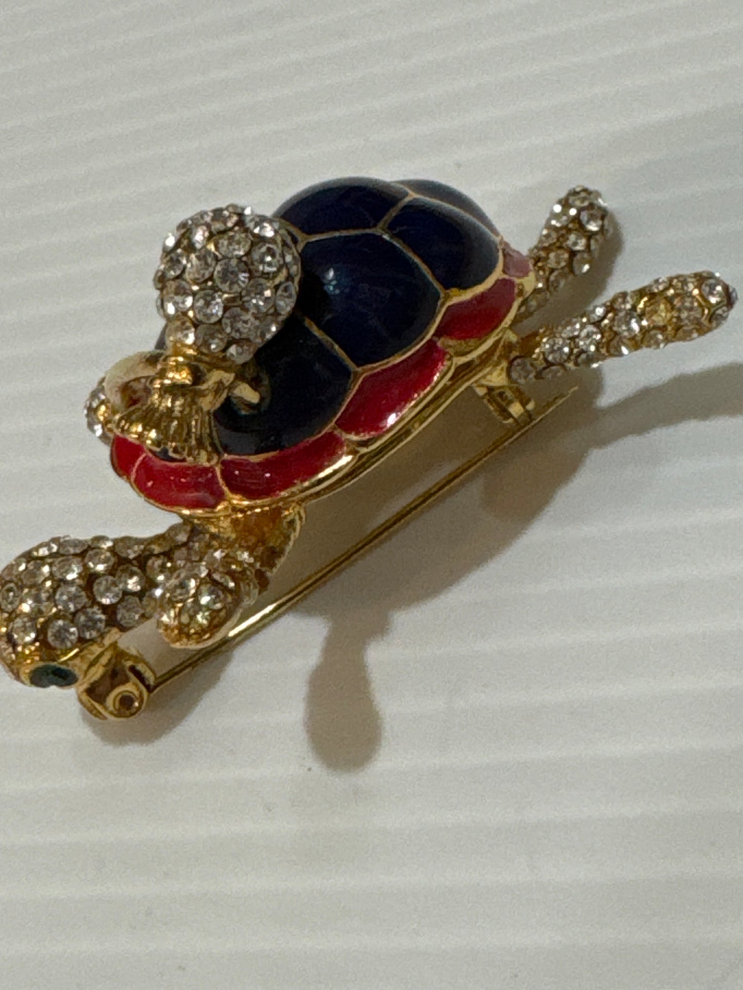 1960s signed BIJOU CASCI Italian made enamel and rhinestone three dimensional turtle brooch. Turtles  symbolize longevity, wealth, good fortune, and travel. Jackpot.
