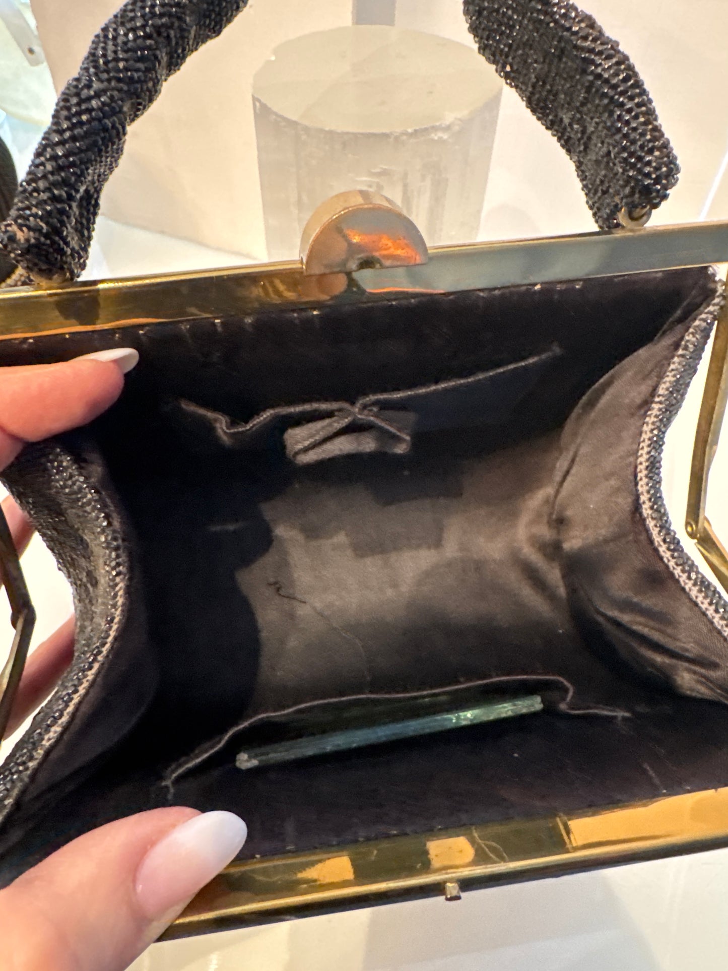 Beautiful 1940s black beaded top handle bag in mint condition with original mirror