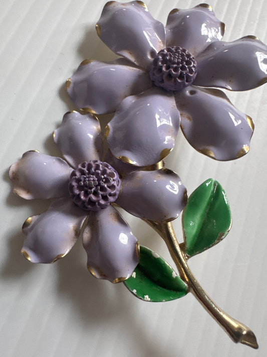 1960s lavender Double flower hand painted enamel brooch with gold petal edging