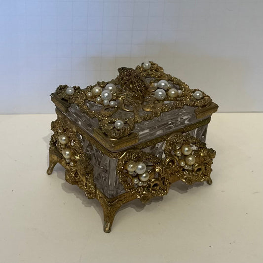 Vintage Gold Tone & Crystal Faux Pearl Lidded Trinket Box