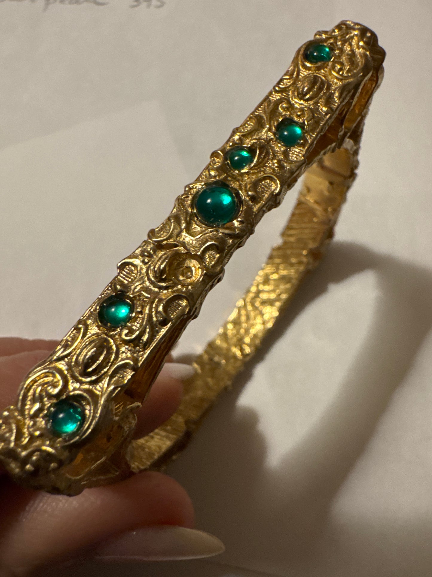 RARE signed Hattie Carnegie 1958 poured glass emerald green cabochon bracelet with square outside and circular inside. brutalist and baroque inspired