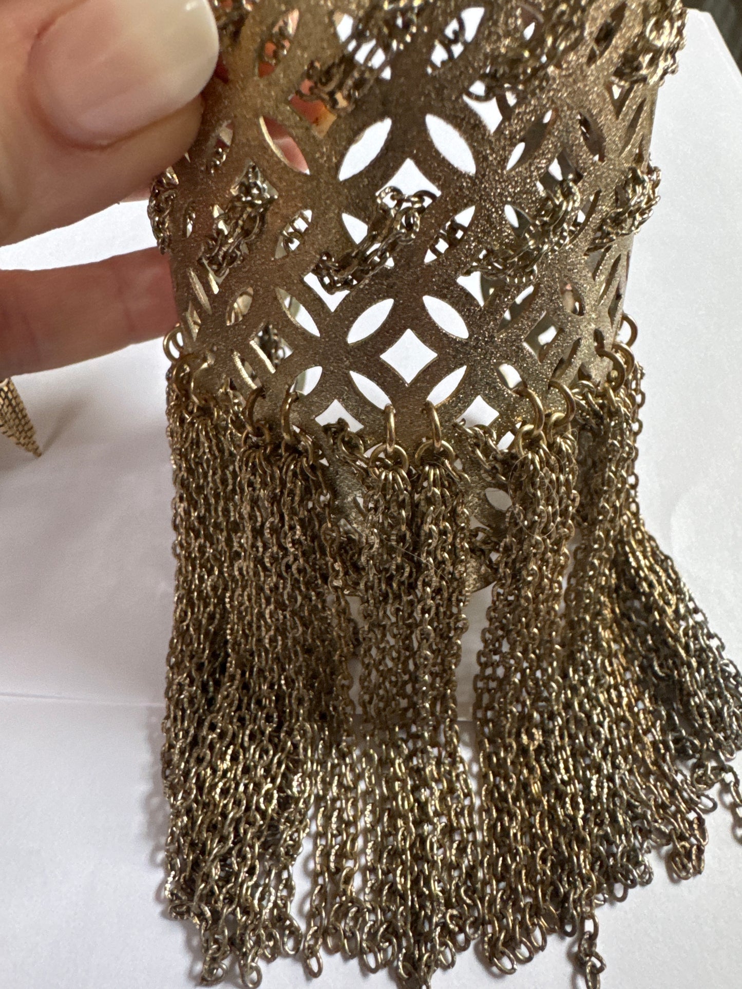 WOW! fabulous 1960s gold tone fringe tassel filigree with chain statement cuff bracelet.