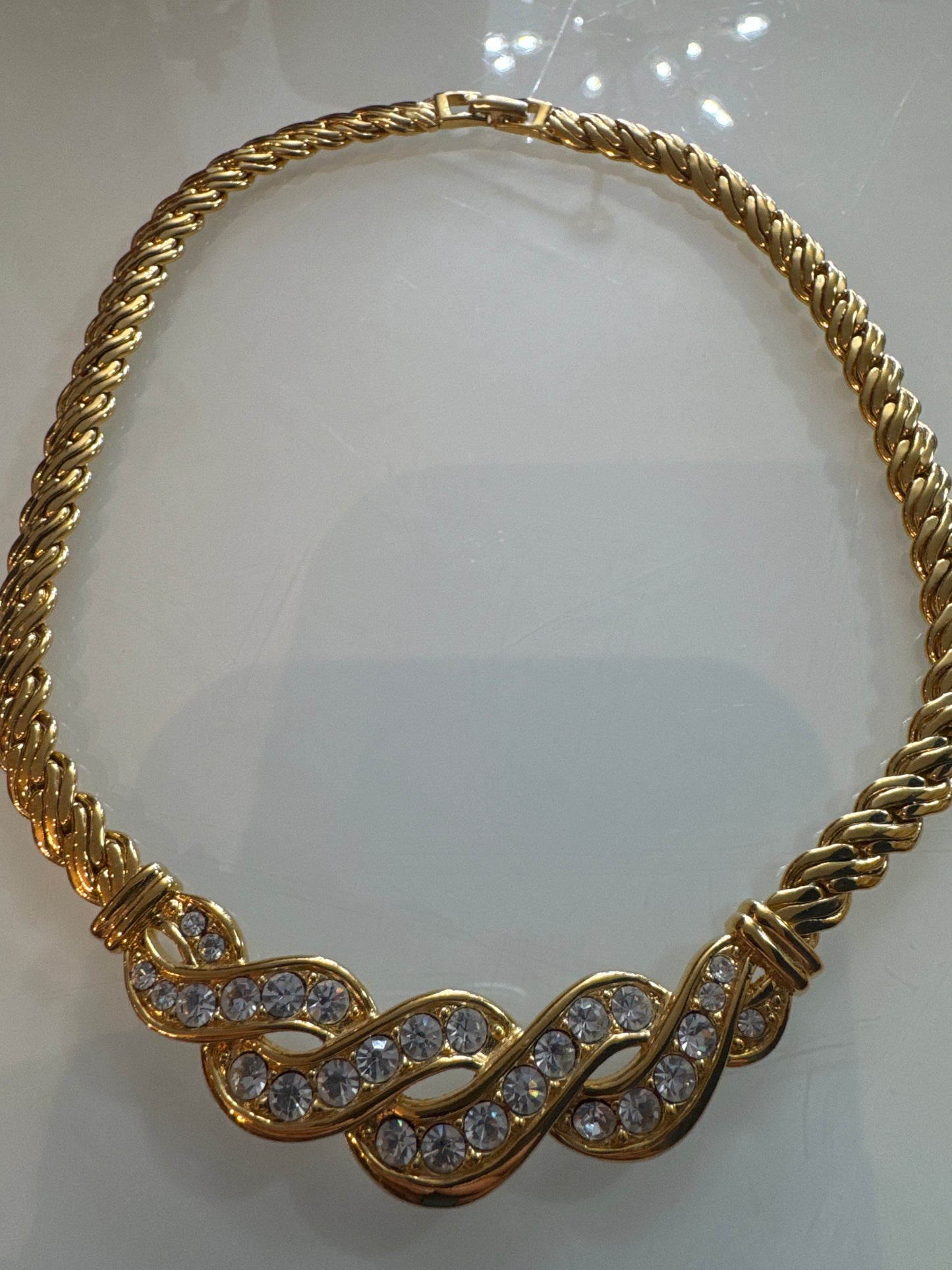 Vintage 1980s Napier gold plate necklace with clear rhinestones
