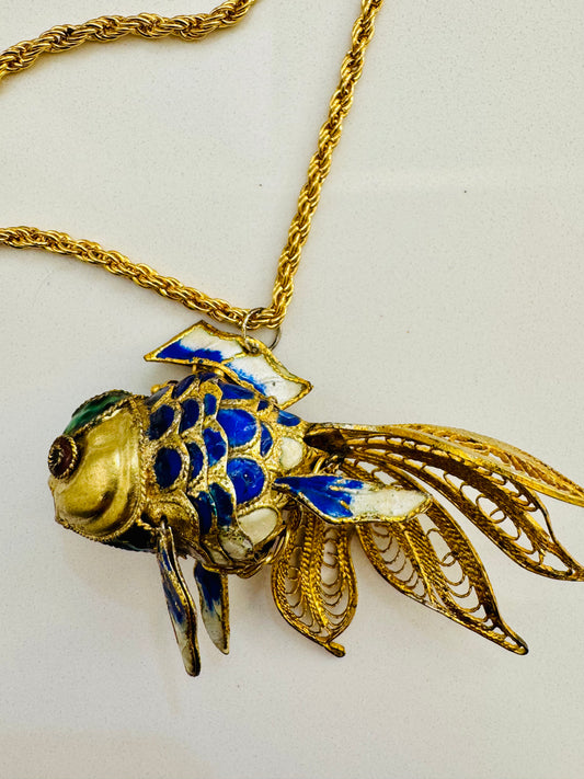 Vintage 1960s articulated gold tone enamel fish