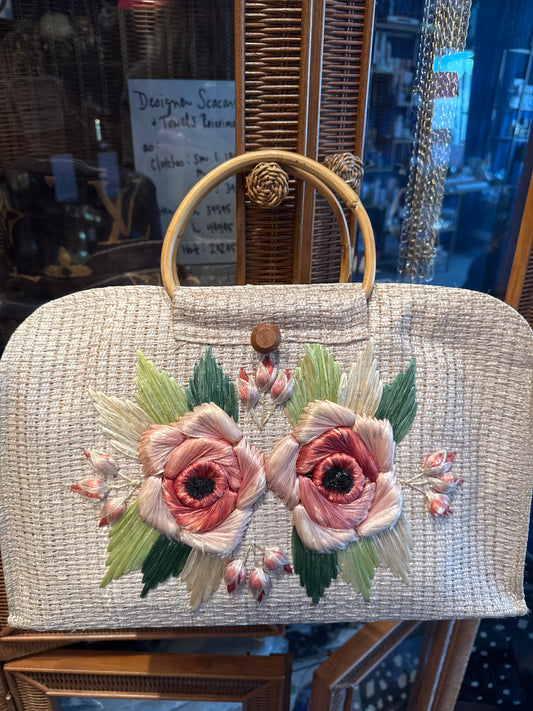 Beautiful 1950s Raffia embroidered summer tote with bamboo handles. Tom