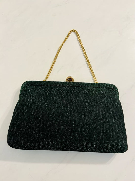 Vintage emerald/black fabric clutch/bag with gold tone lock and chain