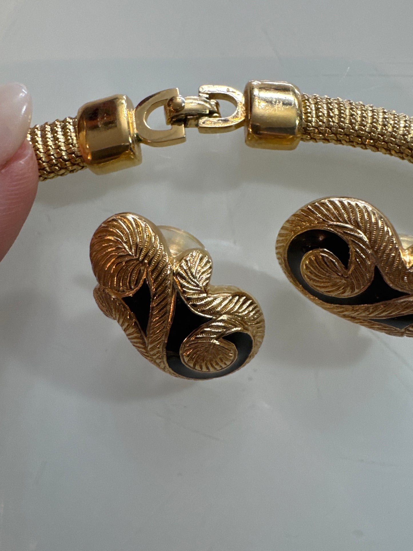 Beautiful 1990s Christian Dior necklace and pierced earring set in gold plate with black enamel