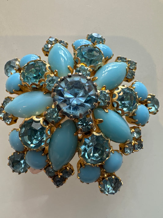 Beautiful 1960s turquoise and blue rhinestone brooch