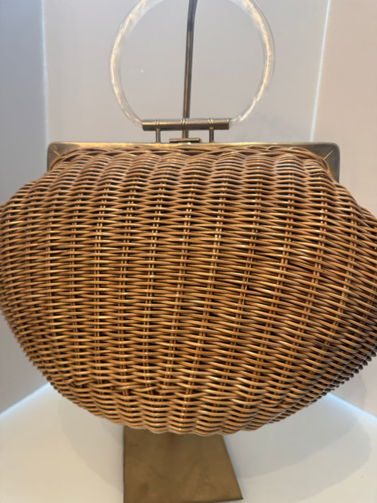 Jumbo vintage wicker bag with round lucite handle. Sourced in Australia.