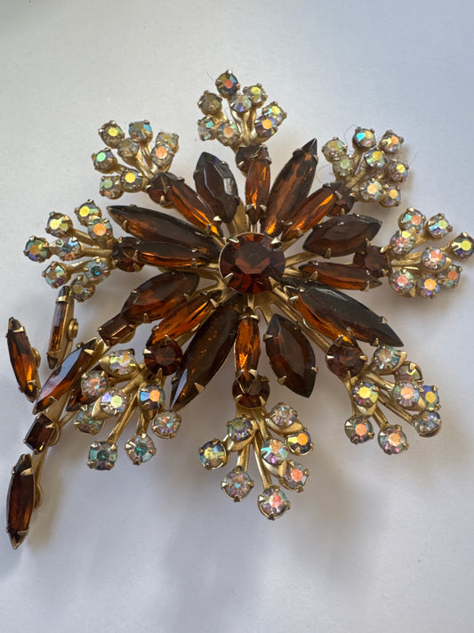1950s absolutely stunning, jumbo flower, brooch featuring smoky topaz/rootbeer navettes and aurora borealis stones