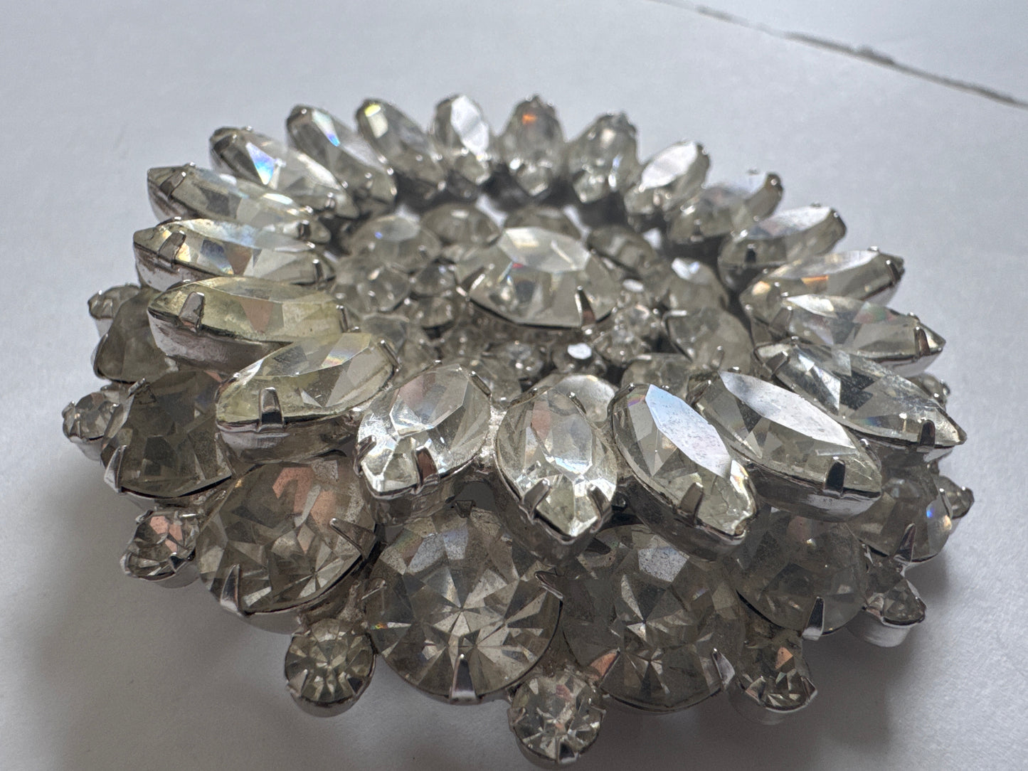 1950s gorgeous, sparkling, multi layered round rhinestone, unsigned brooch