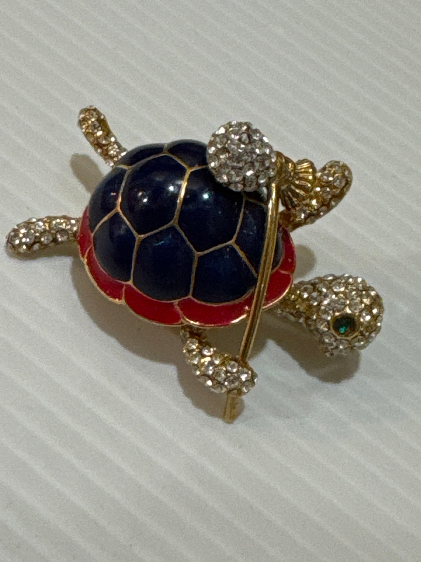 1960s signed BIJOU CASCI Italian made enamel and rhinestone three dimensional turtle brooch. Turtles  symbolize longevity, wealth, good fortune, and travel. Jackpot.